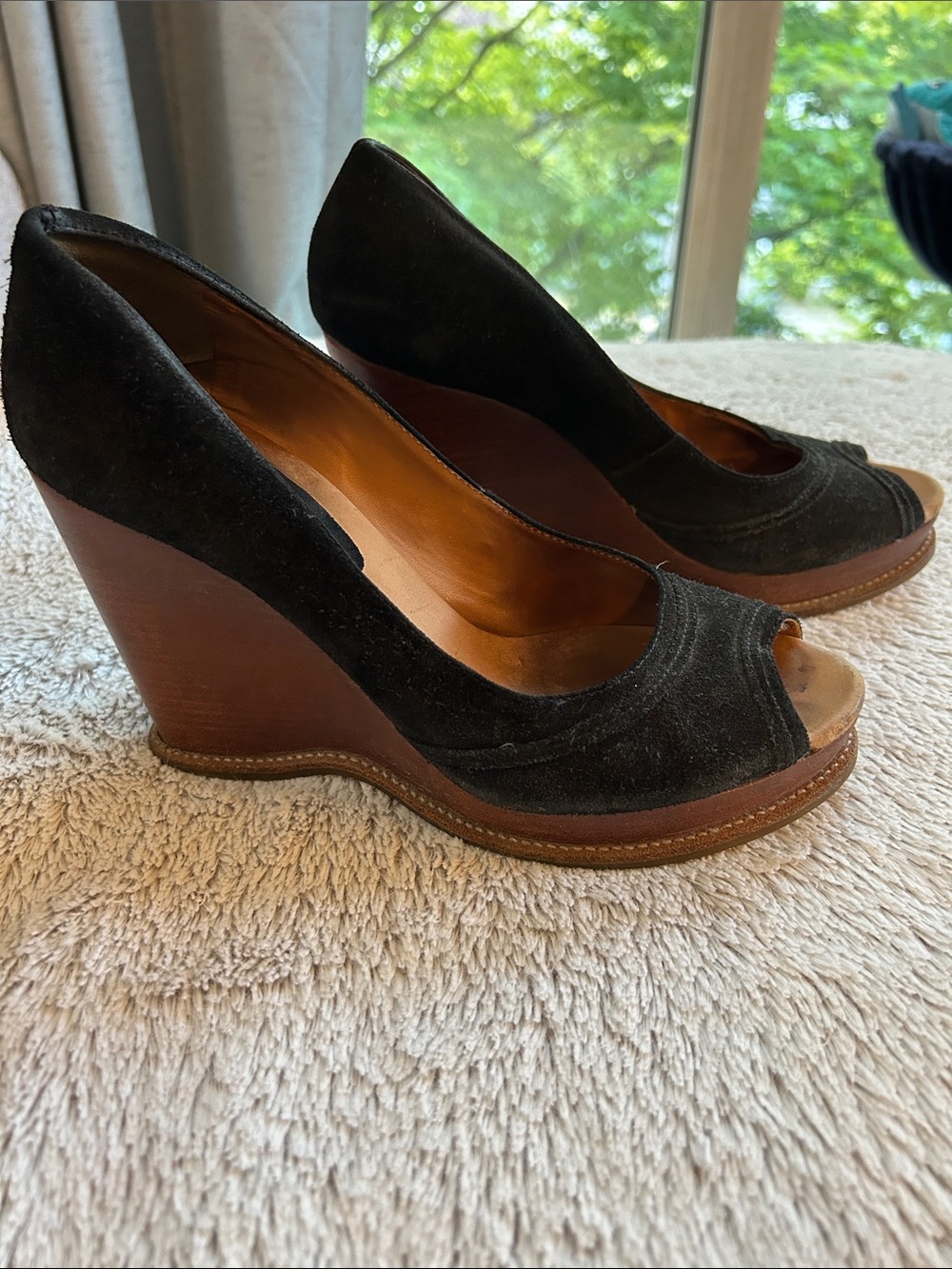 KORS Michael Kors Black Suede Peep-Toe Wedge Sandals with Brown Wood Heel